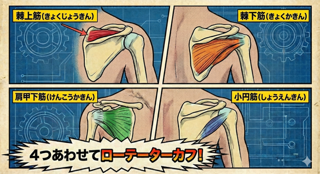 腱板の解剖図。 4つのコマに割って、棘上筋、棘下筋、肩甲下筋、小円筋、それぞれの解剖図を描いて、4つあわせてローテーターカフ!https://boost-care.com/wp-content/uploads/2026/01/IMG_1600.png