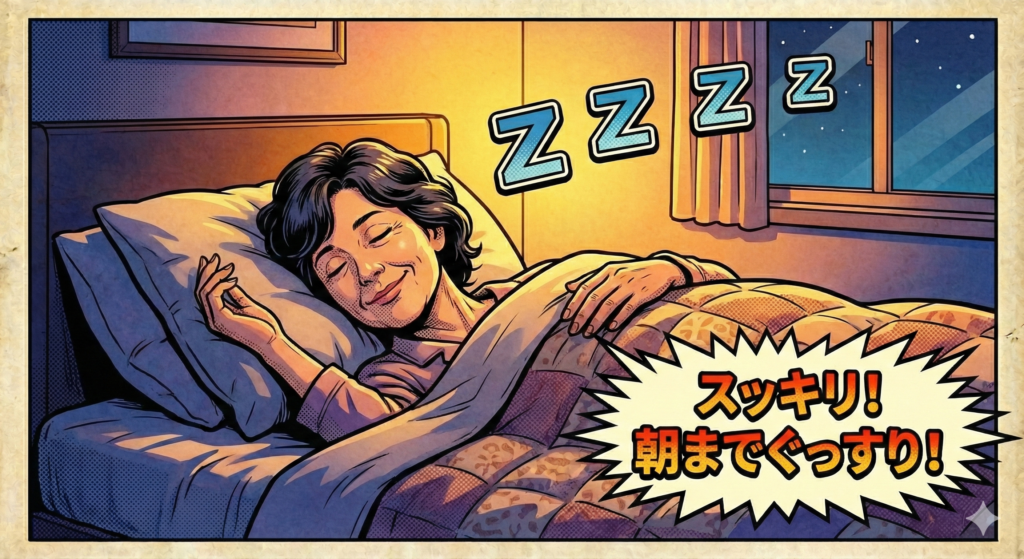 ![アメコミ風イラストで、ベッドで笑顔でぐっすり眠る女性。頭上に「ZZZZ」の文字が浮かび、右下の強調された吹き出しには「スッキリ！朝までぐっすり！」と書かれている。](image_23.png) https://boost-care.com/wp-content/uploads/2026/01/IMG_1601.png