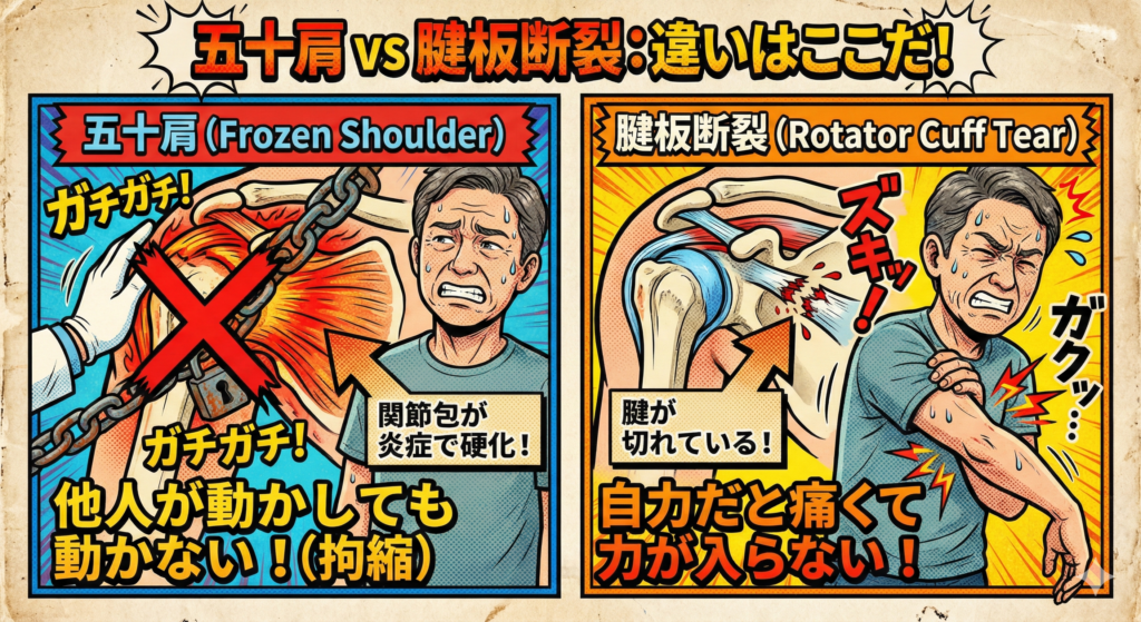 ![アメコミ風イラストで「五十肩」と「腱板断裂」の違いを比較解説。左の「五十肩」は関節包が炎症で硬化し、鎖でロックされ「他人が動かしても動かない（拘縮）」状態。右の「腱板断裂」は腱が切れている断面図で、「自力だと痛くて力が入らない」状態を、それぞれ痛みに顔をしかめる中年男性のイラストとテキストで説明している。](image_25.png) https://boost-care.com/wp-content/uploads/2026/01/IMG_1602.png
