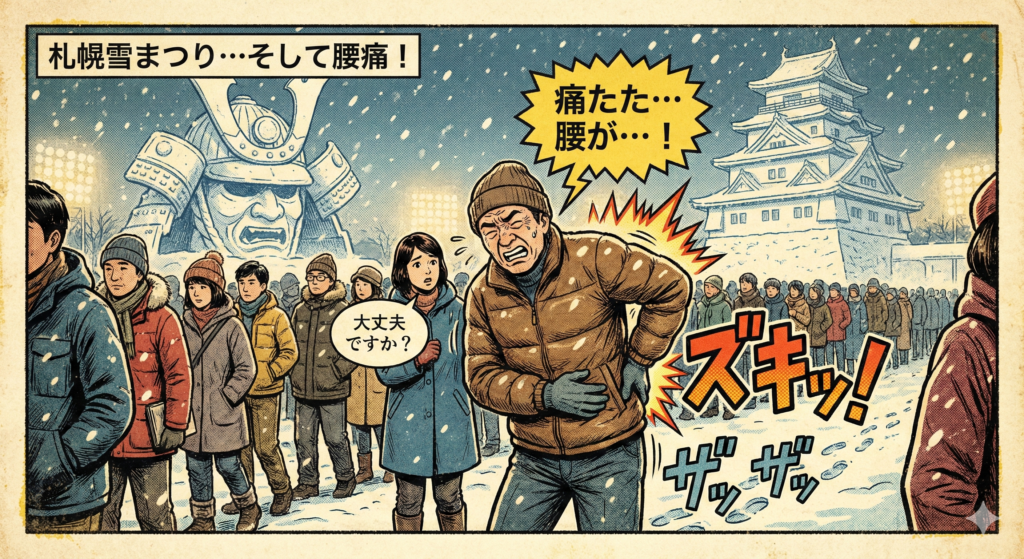 ![札幌雪まつりの会場で腰痛に襲われる男性のビンテージアメコミ風イラスト。背景には巨大な侍や城の雪像があり、男性は腰を押さえて「痛たた…腰が…！」と苦悶の表情を浮かべ、隣の女性が心配している。](https://boost-care.com/wp-content/uploads/2026/02/IMG_1604.png
