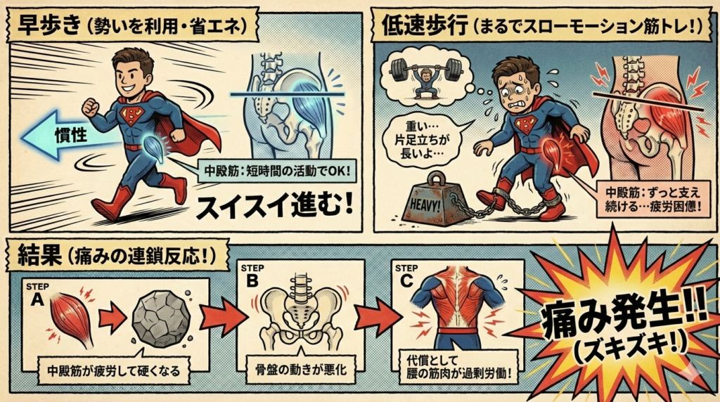 レトロなコミック風のインフォグラフィックで、早歩きと低速歩行が体に与える影響、そして腰痛に至るプロセスを3つのパネルで解説している。登場人物はマントのないスーパーマンのスーツを着た男性。「早歩き」のパネルでは、男性が慣性を利用して笑顔で効率よく歩き、中殿筋の負担が少ないことが示されている。「低速歩行」のパネルでは、男性が重りを足につけて苦しそうに歩き、中殿筋が酷使されて疲労困憊している様子が描かれている。下の「結果(痛みの連鎖反応)」パネルでは、疲労した中殿筋が硬くなり、骨盤の動きが悪化し、最終的に腰の筋肉が過剰労働して「痛み発生!!」となるフローチャートが示されている。 https://boost-care.com/wp-content/uploads/2026/02/IMG_1606.png