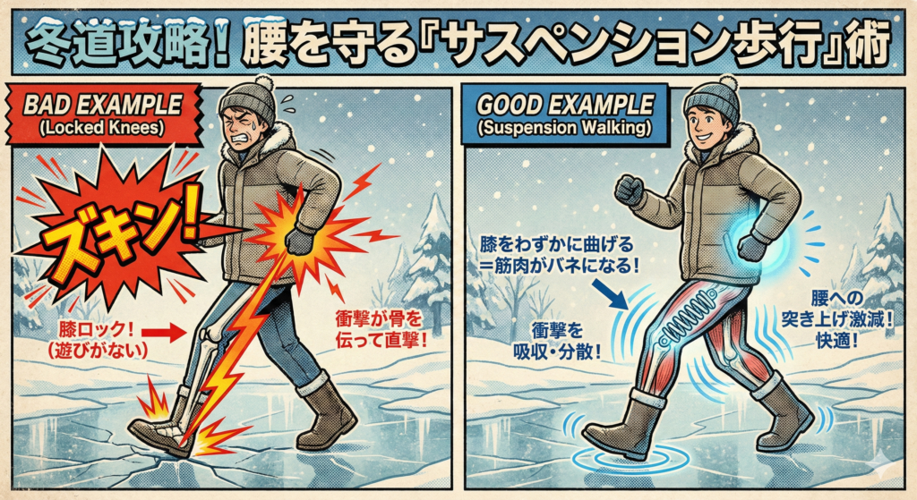 ![冬道の歩き方を比較解説するビンテージアメコミ風イラスト。タイトルは「冬道攻略！腰を守る『サスペンション歩行』術」。左側の悪い例（BAD EXAMPLE）では、膝をロックして歩く男性が踵からの衝撃を腰に直撃させ「ズキン！」と痛んでいる。右側の良い例（GOOD EXAMPLE）では、膝をわずかに曲げて歩くことで筋肉がバネ（サスペンション）の役割を果たし、衝撃を吸収・分散して快適に歩いている様子が描かれている。](https://boost-care.com/wp-content/uploads/2026/02/IMG_1608.png