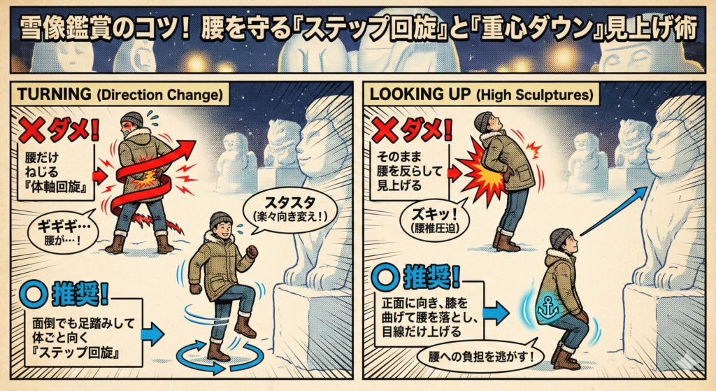 ![雪像鑑賞時の腰痛対策を解説するビンテージアメコミ風イラスト。タイトルは「雪像鑑賞のコツ！腰を守る『ステップ回旋』と『重心ダウン』見上げ術」。左右2つのパネルで構成されている。 左パネル「方向転換（TURNING）」： - **悪い例（上段）：** 足を固定したまま腰だけをねじる「体軸回旋」を行い、赤い矢印で示された腰に負担がかかり「ギギギ…」と痛んでいる様子。 - **推奨例（下段）：** 足踏みをして体ごと向きを変える「ステップ回旋」を行い、青い矢印とともに「スタスタ」と楽に動いている様子。 右パネル「見上げ動作（LOOKING UP）」： - **悪い例（上段）：** そのまま腰を反らして巨大な雪像を見上げ、腰に「ズキッ！（腰椎圧迫）」と衝撃が走っている様子。 - **推奨例（下段）：** 正面を向いて膝を曲げ腰を落とし、目線だけを上げて見ることで「腰への負担を逃がす！」様子。重心が安定していることを示す錨（いかり）のマークが描かれている。](https://boost-care.com/wp-content/uploads/2026/02/IMG_1609.png