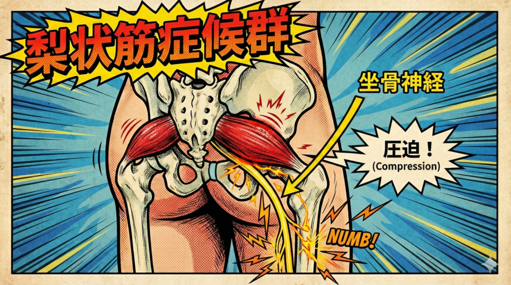 ![レトロなアメコミ風スタイルで描かれた梨状筋症候群のメカニズム図。右臀部の後方視点で、赤く緊張した梨状筋が、その下を通る黄色い坐骨神経を圧迫している様子を描写。圧迫部から足の方へ痛みを表す稲妻状のエフェクトが走っている。「梨状筋症候群」のタイトルと、坐骨神経を指す矢印、「圧迫！」の吹き出しラベルが含まれている。](https://boost-care.com/wp-content/uploads/2026/02/IMG_1636.png
