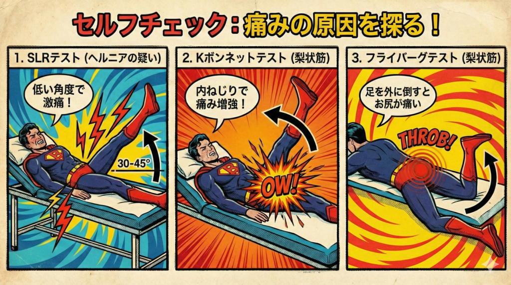 ![レトロなアメコミ風の3コマ漫画形式で描かれた、腰痛・坐骨神経痛のセルフチェック方法。ネイビーのスーツに「B」のロゴが入ったキャラクターが実演している。 左コマ：「1. SLRテスト（ヘルニアの疑い）」仰向けで足を30〜45度上げたところで「低い角度で激痛！」と痛みが走る様子。 中央コマ：「2. Kボンネットテスト（梨状筋）」仰向けで足を上げ、内側にねじると「内ねじりで痛み増強！」と臀部に痛みが走る様子。 右コマ：「3. フライバーグテスト（梨状筋）」うつ伏せで膝を曲げ、足を外側に倒すと「足を外に倒すとお尻が痛い」と臀部の奥が痛む様子。](https://boost-care.com/wp-content/uploads/2026/02/IMG_1637.png