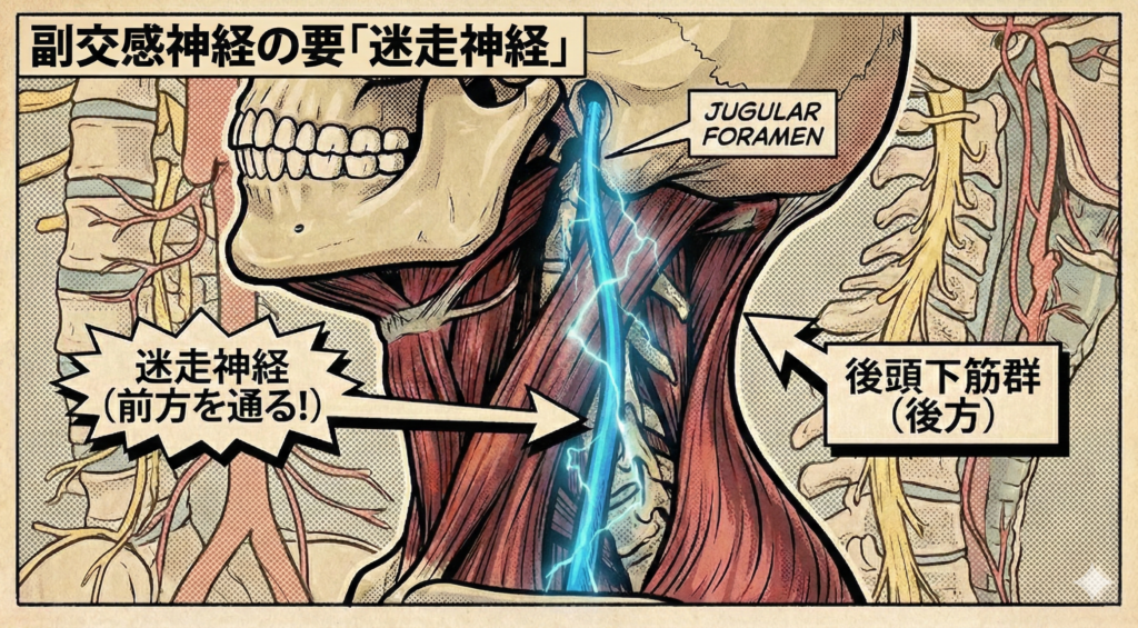 ![アメコミ風の医学イラスト。「副交感神経の要『迷走神経』」というタイトルで、頭蓋骨の側面から首にかけての解剖構造が描かれている。青い稲妻のように光る迷走神経が「JUGULAR FORAMEN（頸静脈孔）」から出て、赤い筋肉である「後頭下筋群（後方）」の前方を通過し、吹き出しで「迷走神経（前方を通る！）」と強調されている様子。](https://boost-care.com/wp-content/uploads/2026/02/IMG_1641.png