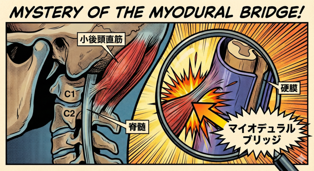 ![アメコミ風の医学イラスト。「MYSTERY OF THE MYODURAL BRIDGE!」というタイトル。左側は首の断面図で「小後頭直筋」と「脊髄」が繊維で繋がっている様子を描写。右側の虫眼鏡風の拡大図では、その接続部がクローズアップされ、筋肉が「硬膜」を引っ張っている箇所が「マイオデュラルブリッジ」として強調されている。](https://boost-care.com/wp-content/uploads/2026/02/IMG_1642.png
