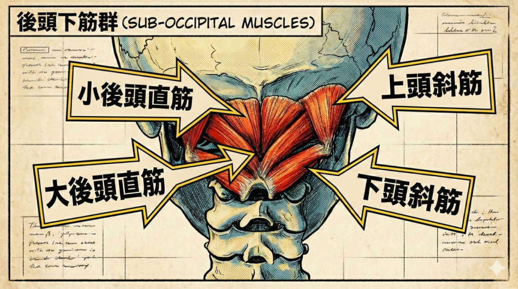 ![アメコミ風に描かれた後頭下筋群（大後頭直筋・小後頭直筋・上頭斜筋・下頭斜筋）の解剖図イラスト](https://boost-care.com/wp-content/uploads/2026/02/IMG_1644.png