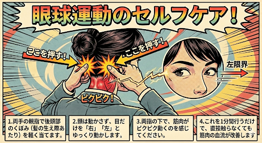 ![アメコミ風のイラストで、タイトルは「眼球運動のセルフケア！」。後ろ向きの女性が両手で後頭部のくぼみ（髪の生え際）を押さえており、その部分に「ここを押す！」という矢印と衝撃マーク、首の筋肉が赤く「ピクピク！」と震える描写がある。そこから稲妻のような線が右側の拡大された顔のイラストに繋がっており、その顔は目を「左限界」に向けている。下部には4つの手順が書かれたボックスがあり、1.親指を当てる、2.目だけ動かす、3.筋肉の動きを感じる、4.1分行うと血流が改善する、と説明されている。](https://boost-care.com/wp-content/uploads/2026/02/IMG_1650.png