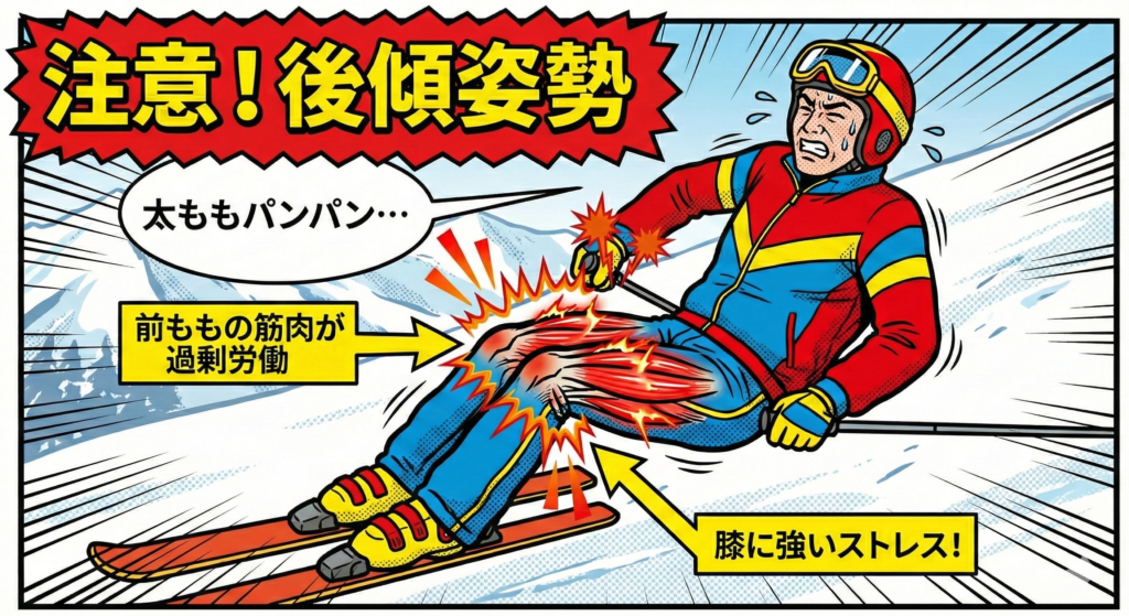 ![アメコミ風イラスト：スキーの後傾姿勢への警告。重心が後ろにあり、苦しそうな表情のスキーヤー。太ももの前側が赤く強調され筋肉の過剰労働を、膝周りのギザギザ線が強いストレスを表している。吹き出し：「太ももパンパン…」、ラベル：「注意！後傾姿勢」「前ももの筋肉が過剰労働」「膝に強いストレス！」](https://boost-care.com/wp-content/uploads/2026/02/IMG_1690.png
