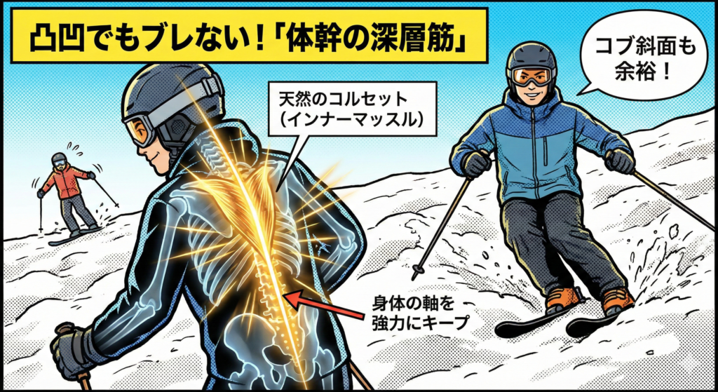 ![アメコミ風イラスト：コブ斜面でもブレないスキーヤーの透視図。背骨周りのインナーマッスルが黄金色に輝き「天然のコルセット」として身体の軸を強力にキープしている様子。背景にはバランスを崩すスキーヤーも対比として描かれている。タイトル：「凸凹でもブレない！『体幹の深層筋』」、吹き出し：「コブ斜面も余裕！」](https://boost-care.com/wp-content/uploads/2026/02/IMG_1691.png