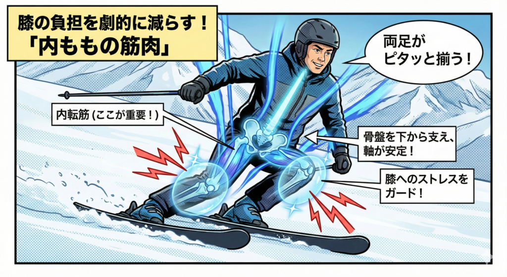 ![アメコミ風イラスト：内転筋（内ももの筋肉）を活用して滑るスキーヤーの図解。内ももが青く光り、骨盤を支えて体幹を安定させると同時に、膝への負担（赤いストレス線）をバリアのように防いでいる様子を可視化。タイトル：「膝の負担を劇的に減らす！『内ももの筋肉』」、吹き出し：「両足がピタッと揃う！」](https://boost-care.com/wp-content/uploads/2026/02/IMG_1692.png