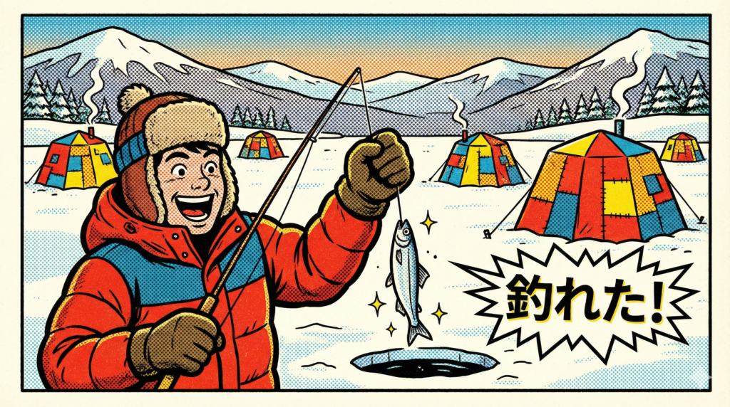 ![札幌の凍った湖の上でワカサギ釣りをして「釣れた！」と喜ぶ男性のアメコミ風イラスト](https://boost-care.com/wp-content/uploads/2026/02/IMG_1698.png