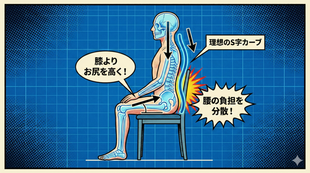 ![椅子に座る正しい姿勢と腰への負担分散の仕組みを解説するアメコミ風図解イラスト。側面透視図で、人物の骨格（背骨、骨盤）が透けて見える。背骨は「理想のS字カーブ」を描き、頭からの荷重を分散している様子が矢印で示される。「膝よりお尻を高く！」という吹き出しが、骨盤が膝より高い位置にある正しい座り方を指示。その結果、背もたれ部分で「腰の負担を分散！」していることが、赤い爆発効果とテキストで強調されている。](https://boost-care.com/wp-content/uploads/2026/02/IMG_1700.png