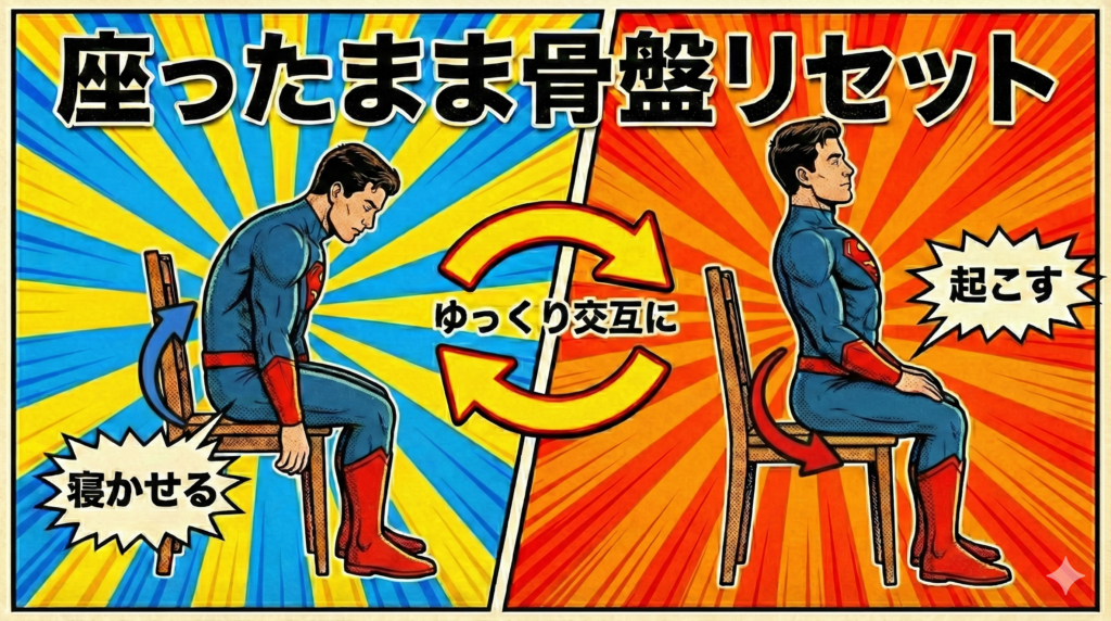 ![「座ったまま骨盤リセット」と題されたアメコミ風イラスト。椅子に座ったスーパーマンが、骨盤を後ろに倒して背中を丸める「寝かせる」姿勢（青い矢印で後傾を表示）と、骨盤を前に起こして背筋を伸ばす「起こす」姿勢（赤い矢印で前傾を表示）を、「ゆっくり交互に」繰り返す運動を紹介している。背景は左右で青・黄と赤・オレンジの集中線に分かれている。](image_20.png) https://boost-care.com/wp-content/uploads/2026/02/IMG_1703.png