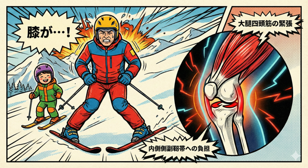 ![アメコミ風イラスト：スキーのボーゲン姿勢（ハの字）で「膝が…！」と冷や汗をかく親と、横で楽しそうに滑る子供。膝の拡大図（レントゲン風）では、内側側副靭帯への負担と大腿四頭筋の緊張が赤く強調されている](https://boost-care.com/wp-content/uploads/2026/02/IMG_1704.png