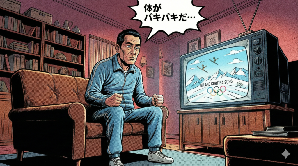 ![アメコミ風イラスト：ソファーで2026年ミラノ・コルティナ五輪をテレビ観戦し、長時間同じ姿勢で体が凝り固まっている中年男性。「体がバキバキだ…」という吹き出し付き](https://boost-care.com/wp-content/uploads/2026/02/IMG_1714.png