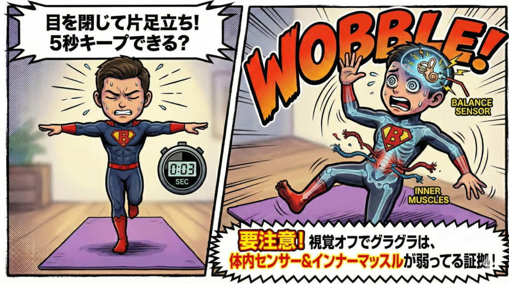 ![アメコミ風イラスト：片足立ちテスト。「目を閉じて片足立ち！5秒キープできる？」に挑戦する『B』ロゴのスーツを着た男性。右コマでは盛大にグラつき、X線透視図で「体内センサー＆インナーマッスルが弱ってる証拠！」と警告されている](https://boost-care.com/wp-content/uploads/2026/02/IMG_1718.png