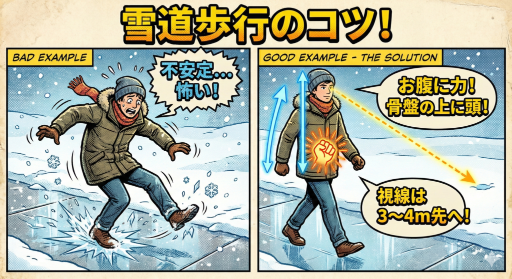 ![アメコミ風比較イラスト：雪道歩行のコツ。「悪い例」は足元を見て滑っている様子。「良い例」は『お腹に力！骨盤の上に頭！』『視線は3〜4m先へ！』というポイントを守り、重心を安定させて歩いている様子](https://boost-care.com/wp-content/uploads/2026/02/IMG_1719.png