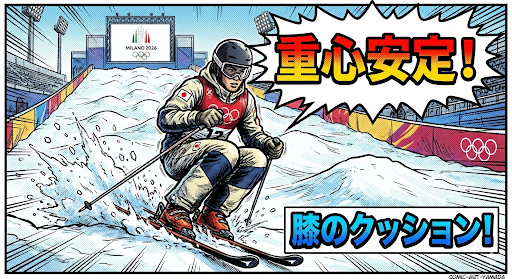 ![アメコミ風イラスト：コブ斜面を滑走する日本人モーグル選手。「重心安定！」「膝のクッション！」という文字と共に、深い膝の曲げ動作で衝撃吸収し重心を安定させている様子が描かれている]https://boost-care.com/wp-content/uploads/2026/02/IMG_1721.png