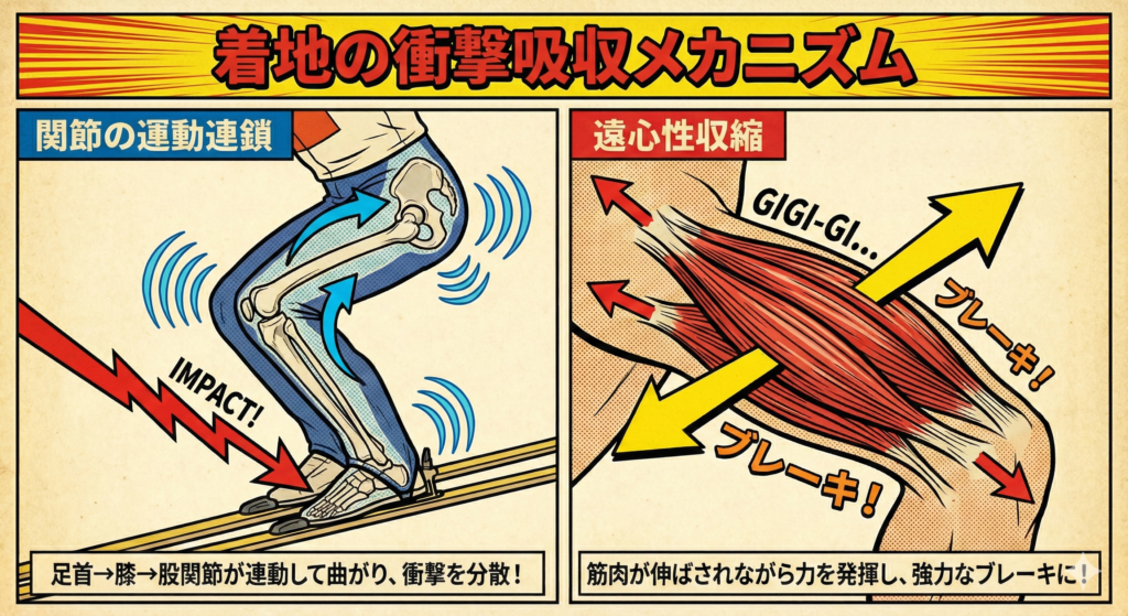 ![漫画風イラスト：「着地の衝撃吸収メカニズム」。左右2つのパネルで、スキーの着地動作における身体の仕組みを解説している。 **上部タイトル**: 黄色い集中線の背景に、赤い太文字で「着地の衝撃吸収メカニズム」。 **左パネル（青枠）「関節の運動連鎖」**: * **イラスト**: スキージャンプのテレマーク姿勢で着地する人物の下半身。青いジーンズを履いた足の内部に、足首、膝、股関節の骨格が透けて描かれている。 * **動作の説明**: 足の裏に赤い稲妻型の矢印が「IMPACT!」という文字と共に突き刺さり、衝撃を示している。その衝撃を受けて、足首関節、膝関節、股関節が順に連動して曲がっていく様子が、それぞれの関節部分の水色の矢印と、周囲に広がる水色の波線（衝撃波）で表現されている。 * **下部のテキストボックス**: 「足首→膝→股関節が連動して曲がり、衝撃を分散！」 **右パネル（赤枠）「遠心性収縮」**: * **イラスト**: 人間の太ももの筋肉（大腿四頭筋と思われる）の断面図。赤い筋繊維の束が描かれている。 * **動作の説明**: 筋肉の両端から外側に向かって赤い矢印が伸びており、筋肉が引き伸ばされている状態を示している。同時に、筋肉の内部から外側に向かって太い黄色い矢印が伸び、「ブレーキ！」という文字が添えられている。これは、筋肉が引き伸ばされながらも力（ブレーキ力）を発揮していることを表している。筋肉の繊維がきしむような「GIGI-GI...」という擬音も描かれている。 * **下部のテキストボックス**: 「筋肉が伸ばされながら力を発揮し、強力なブレーキに！」](https://boost-care.com/wp-content/uploads/2026/02/IMG_1773.png