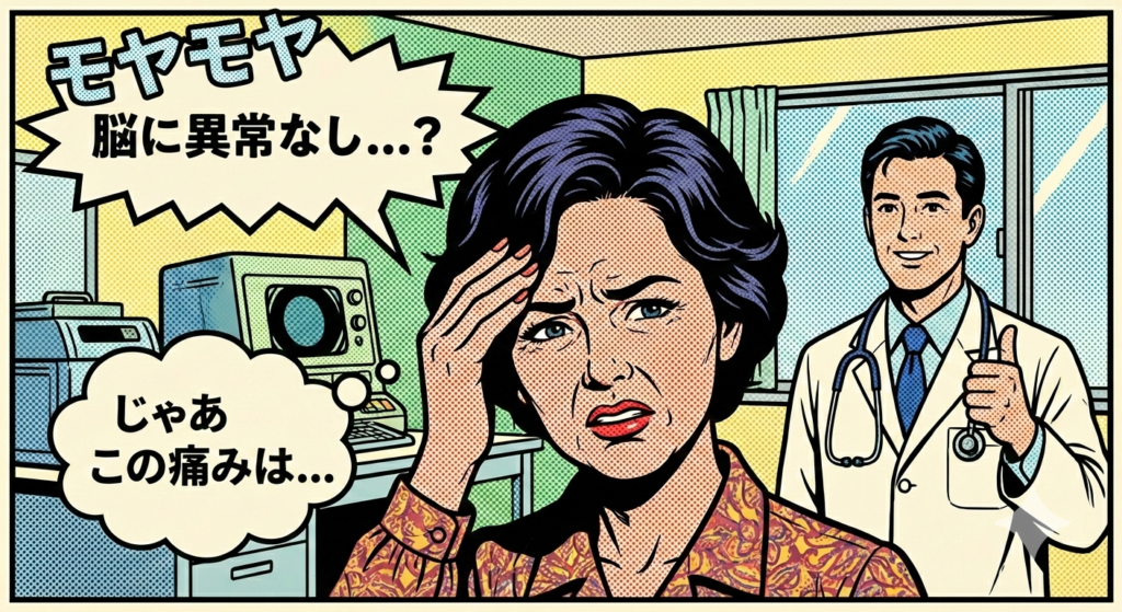 ![アメコミ風イラスト：診察室で「脳に異常なし...？」と困惑する中年女性と、背景で笑顔でサムズアップする医師。「じゃあこの痛みは...」と悩み「モヤモヤ」している様子](https://boost-care.com/wp-content/uploads/2026/02/IMG_1780.png