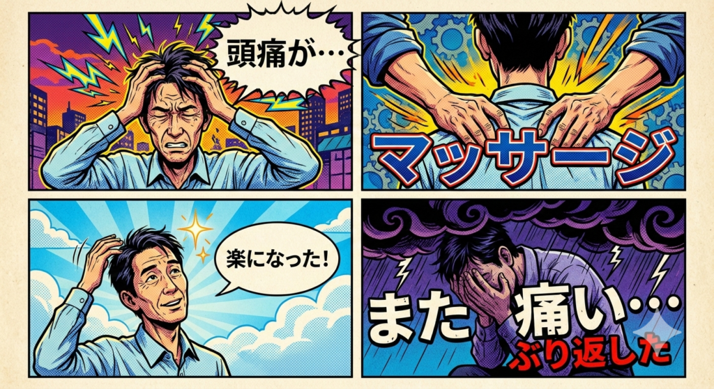 ![1コマ目「頭痛が…」と悩み、2コマ目で「マッサージ」を受け、3コマ目で「楽になった！」と喜ぶも、4コマ目で「また痛い…ぶり返した」と再び絶望する中年男性を描いたアメコミ調の4コマイラスト](https://boost-care.com/wp-content/uploads/2026/02/IMG_1789.png