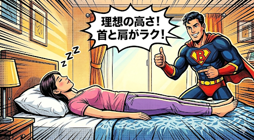 女性が寝室のベッドで横向きになり、安らかに眠っている様子を描いたレトロなポップアートスタイルのコミック風イラスト。彼女の頭上には「ZZZ」と表示されており、平和な睡眠を示している。さらにその上にある大きな吹き出しには日本語で「理想の高さ!首と肩がラク!」と書かれている。女性の頭の隣にある挿入図には、正しいアライメント(緑のチェックマーク付き)と正しくないアライメント(赤い×マーク付き)の頸椎(首の骨)の簡略化された図が示されており、理想的な枕の高さによる適切な首のサポートを説明している。右側には、青と赤のスーツを着て胸に「B」のエンブレムをつけた、微笑むスーパーヒーローのようなキャラクターが立っており、片手で親指を立て、もう片方の手で寝ている女性と枕のあたりを指差して、快適な睡眠と首のケアに関するメッセージを支持している。寝室の背景には、木製のヘッドボード、ランプ付きのナイトスタンド、窓、そしてダイナミックな黄色の放射状の線が含まれている。