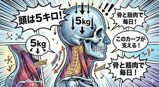 人間の頭部から首にかけての構造を、X線と筋肉の解剖図を組み合わせたアメリカンコミックスタイルで描いたイラスト。頭蓋骨の上部には下向きの太い矢印と「5kg」という文字があり、頭の重さを強調している。首の部分は頸椎(首の骨)の自然なカーブが黄金色に光って強調されており、その周囲を赤い筋肉の束がしっかりと支えている様子が描かれている。イラストの周囲には集中線があしらわれ、複数の吹き出しに「頭は5キロ!」「このカーブが支える!」「骨と筋肉で毎日!」という日本語のテキストがダイナミックに配置されている。全体的にポップでエネルギッシュでありながら、解剖学的な情報がわかりやすく表現されている。