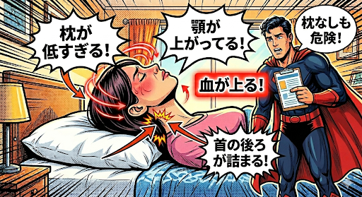 アメリカン・コミック・スタイルのイラスト。寝室で、低すぎる枕により不自然な姿勢で寝ている女性と、その隣に立つ心配そうなスーパーヒーローを描いた図解。女性の頭は、枕が低すぎるために極端に後ろに反り返っている。頭部周辺には血が上る様子を示す赤い渦巻き線が描かれ、首元には痛みを表すギザギザのグラフィックがある。スーパーヒーローは「B」のエンブレムが入ったスーツと赤いマントを着用し、カルテ(クリップボード)を持って心配そうな表情で立っている。複数のギザギザの吹き出しと矢印が、女性の姿勢の問題点を強調している。吹き出しのテキストは「枕が低すぎる!」、「顎が上がってる!」、「血が上る!」(赤文字)、「首の後ろが詰まる!」と書かれている。スーパーヒーローの吹き出しには「枕なしも危険!」と書かれている。背景には、枕元にランプ、壁に絵画、カーテン、模様付きのベッドカバーがある。