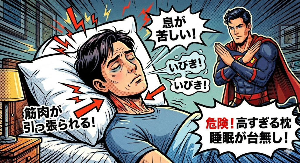 アメリカン・コミック・スタイルのイラスト。高すぎる枕の危険性についての警告。 左側には、顔色が悪く目の下にクマのある疲れた男性が、高すぎる白い枕で不自然な姿勢で寝ている。首が無理に曲がっており、赤い稲妻模様のグラフィックと矢印が痛みを表現している。男性の寝ている首元には「筋肉が引っ張られる!」というテキストがある。男性の上には「息が苦しい!」「いびき!」「いびき!」という吹き出しがある。 右側には、スーパーマンが腕をクロスさせて「ダメ」のサインを作り、寝ている男性を厳しい目で見つめている。右下の大きなギザギザのキャプションには「危険!高すぎる枕 睡眠が台無し!」と書かれている。寝室の夜のシーン。
