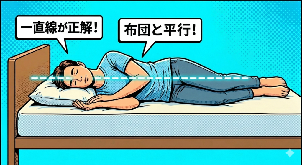 布団で横向きに寝ている若い男性を描いた、ポップアート・アメコミ風のイラスト。男性は左下を向き、水色のTシャツとジーンズを着用してリラックスして眠っている。男性の体の中心(頭から足先)に、布団の表面と平行な水平の青い破線が描かれており、理想的な寝姿勢の一直線さを強調している。画面には3つの吹き出しがあり、左上と左下に「一直線が正解!」、右上に「布団と平行!」という日本語テキストが含まれている。背景は鮮やかなシアン色のドットパターン。 ```