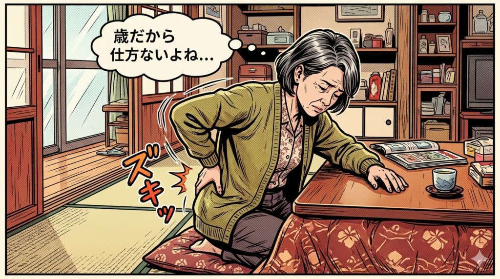 ![和室のこたつ机の前に座布団で座り、辛そうな表情で腰を押さえる中高年女性のイラスト。頭上には「歳だから仕方ないよね…」という吹き出し、腰の付近には「ズキッ」という文字がアメコミ風のタッチで描かれている。]