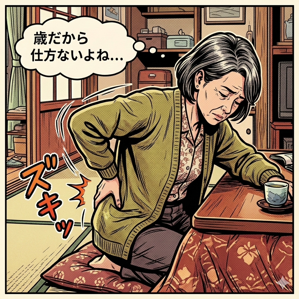 ![和室のこたつ机の前に座布団で座り、辛そうな表情で腰を押さえる中高年女性のイラスト。頭上には「歳だから仕方ないよね…」という吹き出し、腰の付近には「ズキッ」という文字がアメコミ風のタッチで描かれている。]