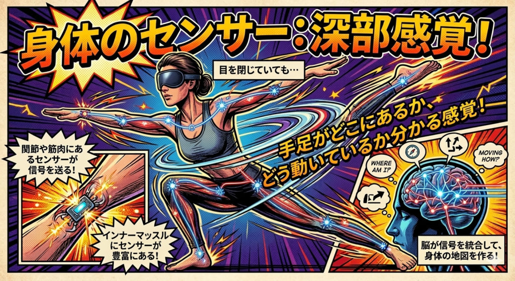 目を閉じていても手足の位置や動きがわかる「深部感覚」を解説したアメコミ風イラスト。関節やインナーマッスルにあるセンサーから脳へ信号が送られ、身体の地図が作られる仕組みを描いています。