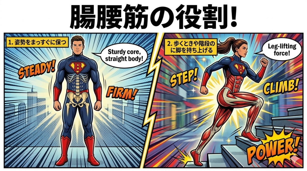 「腸腰筋の役割！」を説明したアメコミ風の解説イラスト。左側は「1. 姿勢をまっすぐに保つ」として直立する男性ヒーローの体内の背骨と骨盤が透けて見え、右側は「2. 歩くときや階段のときに脚を持ち上げる」として階段を駆け上がる女性ヒーローの脚の筋肉の働きがダイナミックに描かれている。