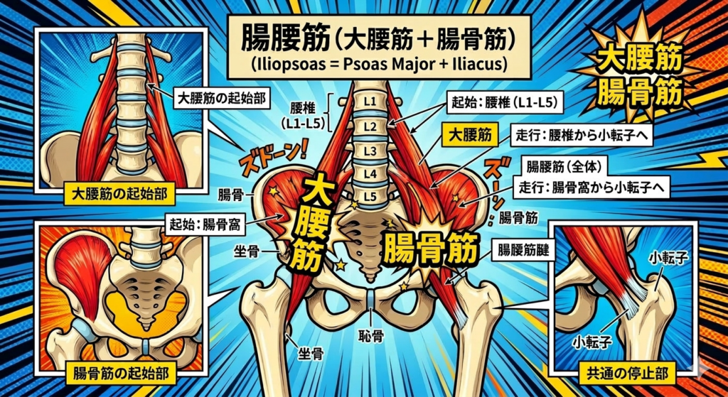 腸腰筋（大腰筋と腸骨筋）の構造を解説したアメコミ風の解剖図。中央に骨盤と腰椎全体のイラストがあり、大腰筋と腸骨筋の走行を示している。周囲には大腰筋の起始部、腸骨筋の起始部、共通の停止部である小転子の拡大図が配置され、各部位の名称や走行が記載されている。