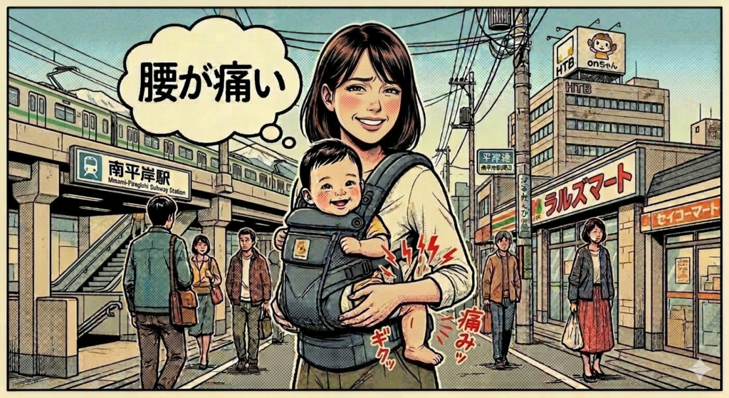 札幌市営地下鉄南平岸駅の高架前を、赤ちゃんを前抱っこして歩く若い母親のアメコミ風イラスト。笑顔を浮かべつつも腰痛に耐えている表情で、腰部分には赤い痛みのエフェクトがあり、頭上の吹き出しには「腰が痛い」と書かれている。