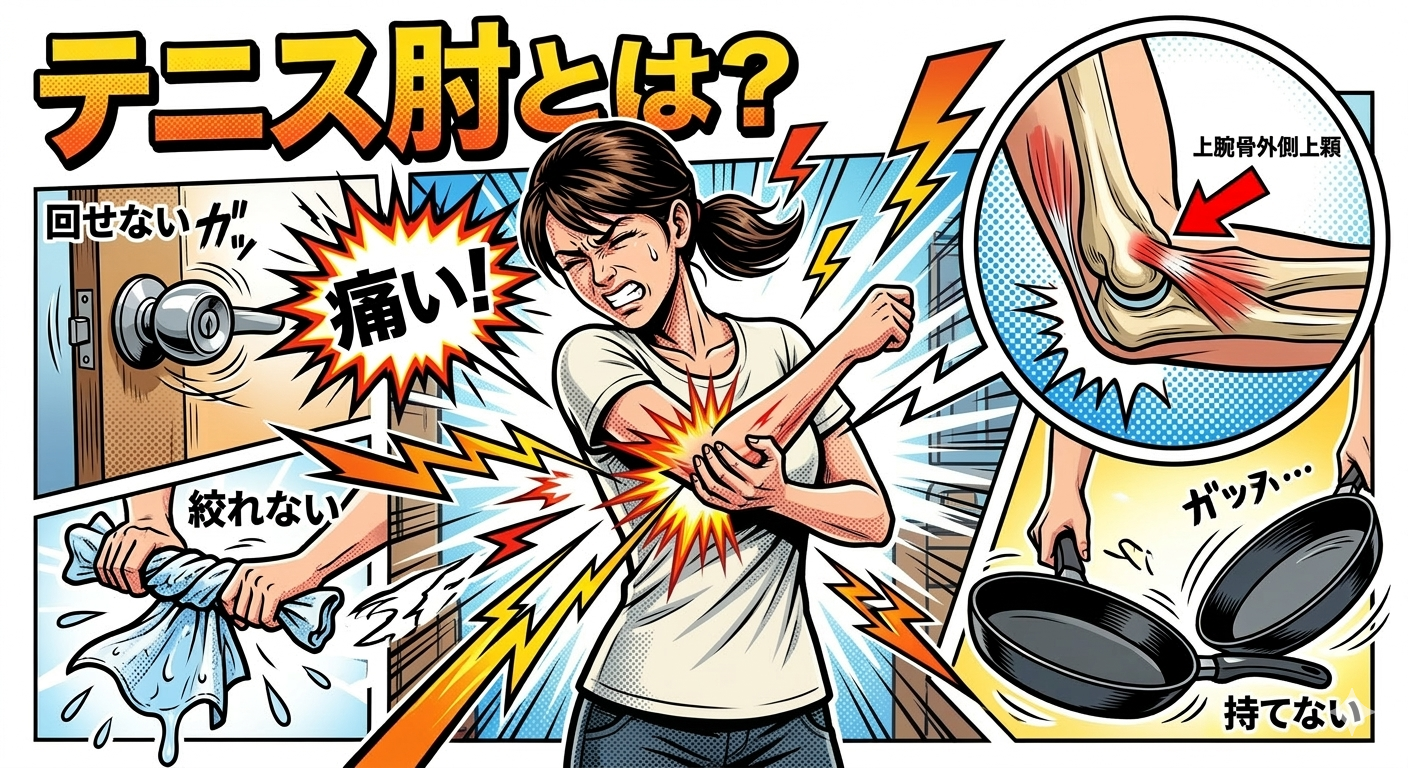 テニス肘（上腕骨外側上顆炎）の症状を解説するアメコミ風イラスト。中央で肘を押さえて激痛に表情を歪める女性の周りに、日常生活で痛みを伴う動作（ドアノブが回せない、雑巾が絞れない、フライパンが持てない）が描かれています。右上には痛みの原因となる肘の関節（上腕骨外側上顆）の解剖図が示されています。