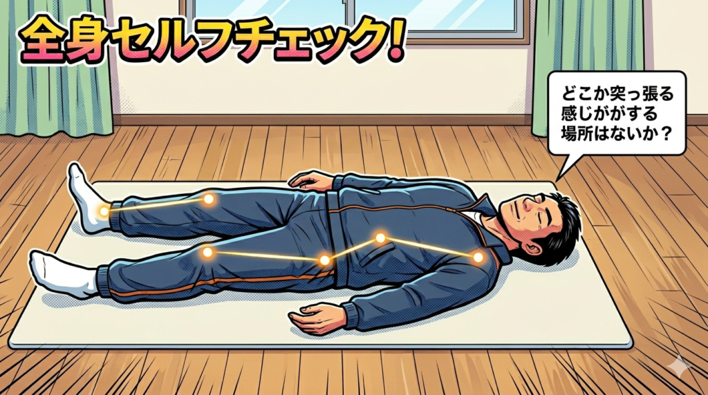 「全身セルフチェック！」というタイトルの漫画風イラスト。青いジャージを着た男性がマットの上に仰向けに寝ている。男性の股関節から首までの体幹ラインが黄色い点と線で示されており、右上の吹き出しには「どこか突っ張る感じがする場所はないか？」と書かれている。