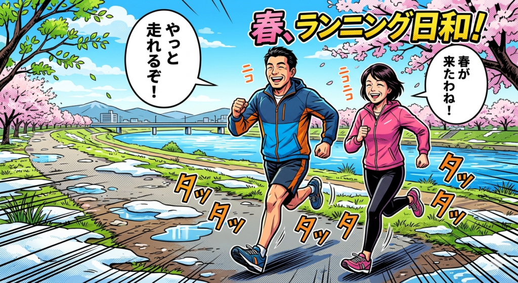 春の雪解けの川辺を笑顔でランニングする健康的な中高年男女のアメコミ風イラスト。「春、ランニング日和！」「やっと走れるぞ！」「春が来たわね！」というセリフと満開の桜の背景。