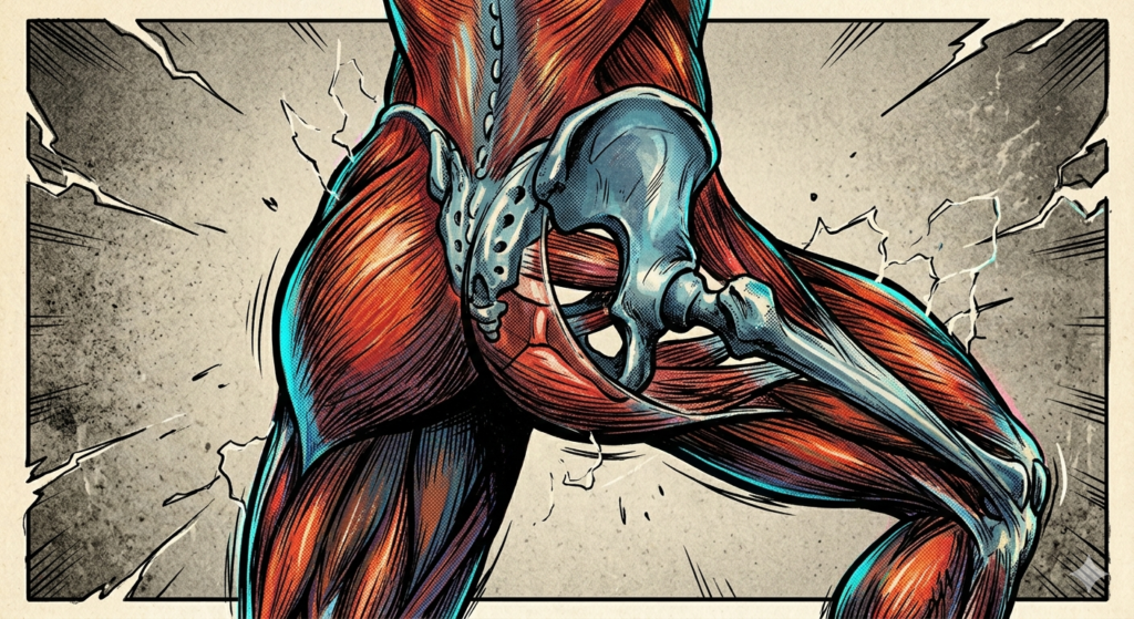 "アメコミ風の劇的な解剖学イラスト。背面から見た人間の骨盤と大殿筋、ハムストリングス。骨盤(青みがかった色)から強力な青白い電気エネルギーが放射され、背景の砕けた石のテクスチャに集中線が描かれている。鮮やかでダイナミックな表現。