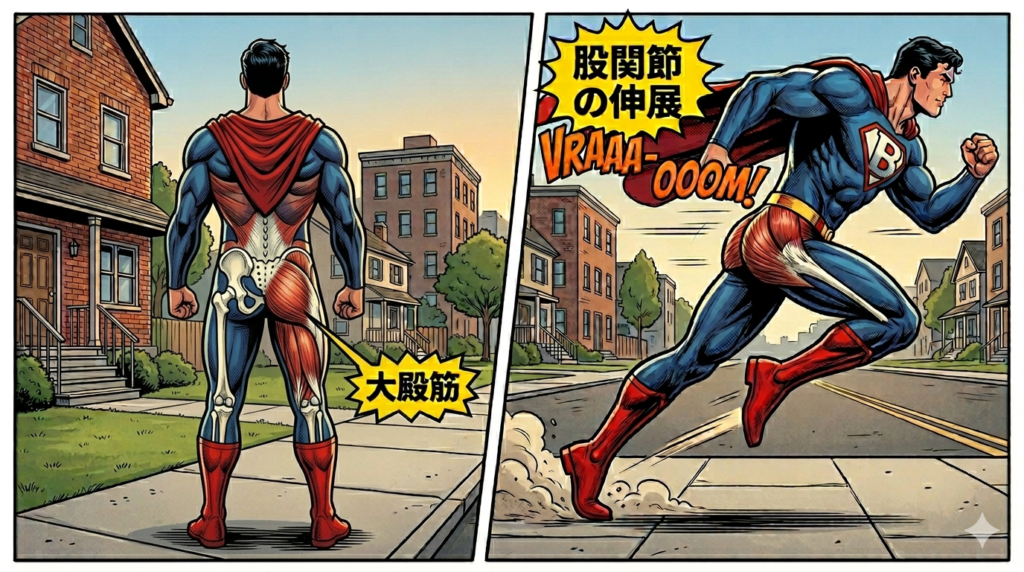 アメコミ風の2コマ漫画イラスト。左のコマは後ろ姿のスーパーヒーローで、透視図によって骨盤とお尻の筋肉(大殿筋)が強調され「大殿筋」という吹き出しが示されている。右のコマは同じヒーローが力強くダッシュしている姿で、脚を後ろに蹴り出す動作に対し「股関節の伸展」という吹き出しが添えられている。背景は一般的な住宅街。