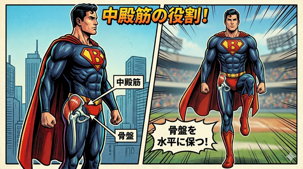スーパーヒーローをフィーチャーした、中殿筋の役割を説明する2コマの教育的コミックイラスト。上部中央に「中殿筋の役割!」というタイトルがある。左のコマは、都市のスカイラインを背景に、直立したスーパーヒーローと、股関節の解剖断面図で中殿筋と骨盤が示されている。右のコマは、サッカースタジアムを背景に、片脚立ちをしているスーパーヒーローを描き、動きの線と「骨盤を水平に保つ!」という吹き出しテキストがある。