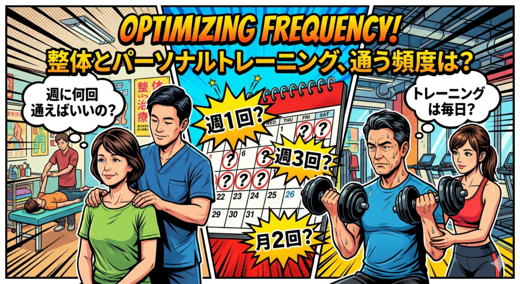 整体とパーソナルトレーニングに通う適切な頻度について疑問を持つ、中年男女を描いたアメコミ風のイラスト。中央の大きなカレンダーを背景に、整体の施術を受ける女性やダンベルを持つ男性の姿があり、「週1回？」「週3回？」「月2回？」「トレーニングは毎日？」といった悩みを表す吹き出しが配置されている。