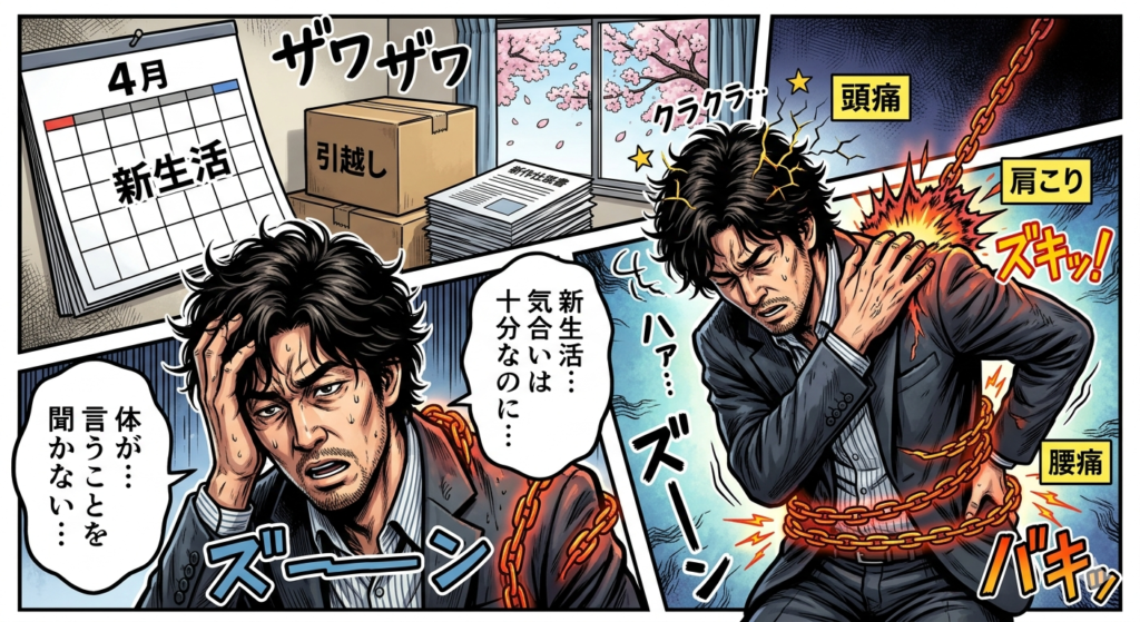 新生活のストレスと体調不良をテーマにした劇画風イラスト。4月の引っ越しの忙しさの中、疲れ切った男性サラリーマンが描かれている。男性は頭を抱え、「新生活…気合いは十分なのに…」「体が…言うことを聞かない…」と苦悶している。鎖に縛られ、肩には「肩こり」「ズキッ」、腰には「腰痛」「バキッ」の痛みラベルとエフェクトがあり、身体的苦痛を表現。背景にはカレンダー（4月、新生活）、ダンボール、桜の窓、新生活計画書がある。