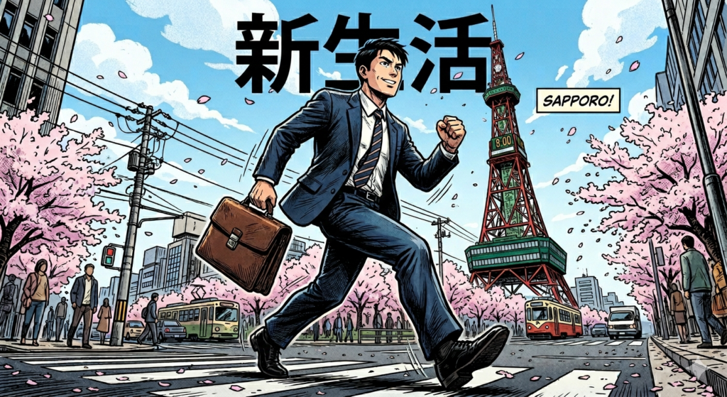 札幌テレビ塔と満開の桜を背景に、新生活に向けてやる気に満ちて力強く歩くスーツ姿のサラリーマンを描いた90年代アメコミ風イラスト。上部には「新生活」の大きな文字が配置されている。
