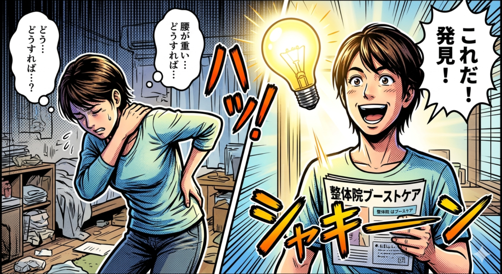 頭上にひらめきの電球が光り、「これだ！発見！」と笑顔で整体院ブーストケアのパンフレットを持つ人物のアメコミ風イラスト