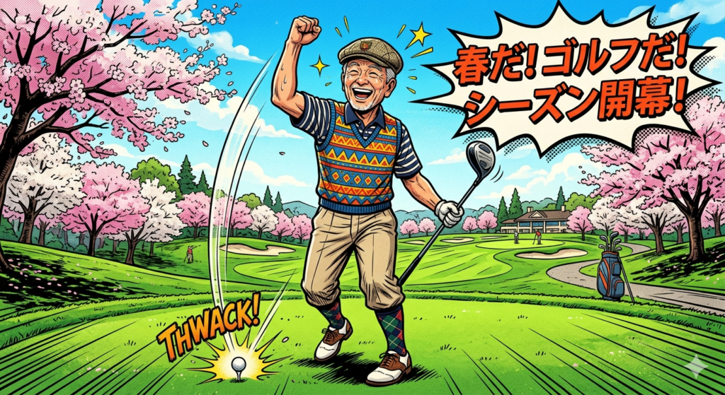 満開の桜に囲まれた春のゴルフコースで、笑顔でガッツポーズをする年配男性のコミック風イラスト。吹き出しには「春だ！ゴルフだ！シーズン開幕！」のテキストと、ボールを打った音の「THWACK!」という効果音。
