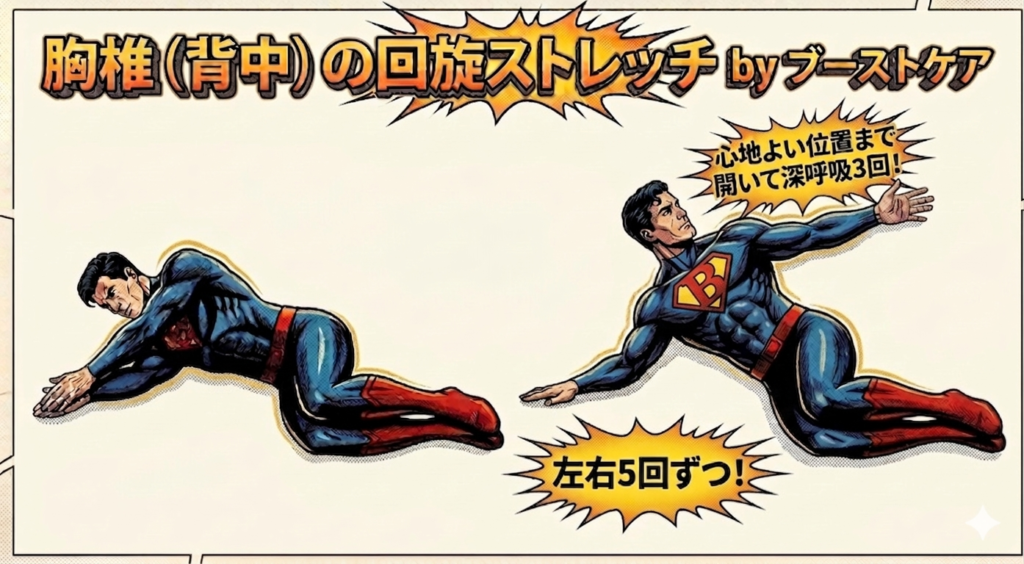 アメコミ風の男性キャラクターが横向きに寝て行う「胸椎（背中）の回旋ストレッチ」のイラスト。左側は両手を合わせた開始姿勢、右側は片腕を大きく開いて胸を張る終了姿勢。画像には「胸椎(背中)の回旋ストレッチ by ブーストケア」「心地よい位置まで開いて深呼吸3回！」「左右5回ずつ！」と書かれています。